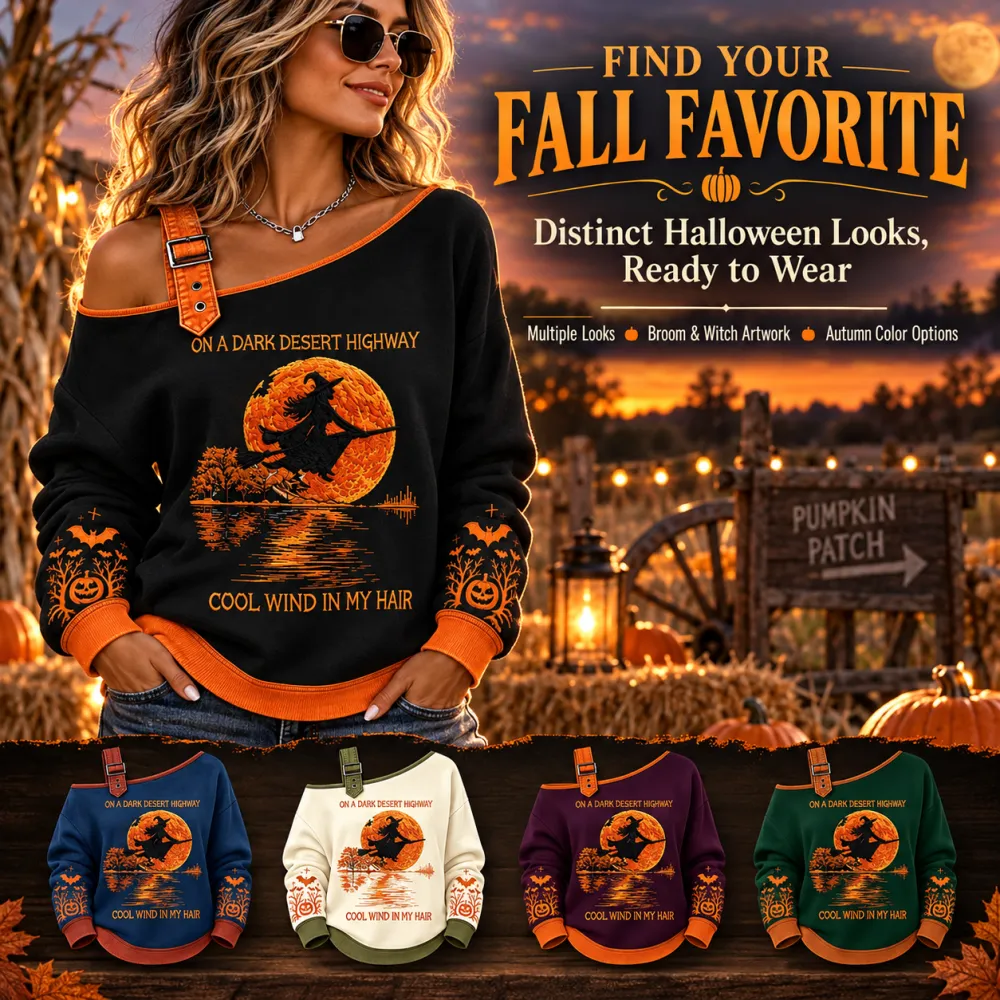Halloween Broom Witch Print Round Neck Long Sleeve Casual Drawstring Hoodie