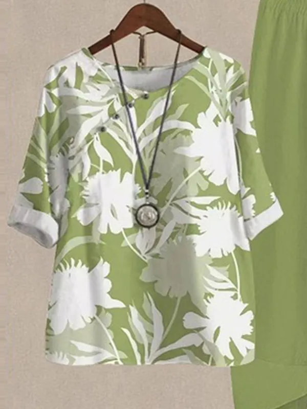 Women's Printed Casual Top and Pants Two Piece Set