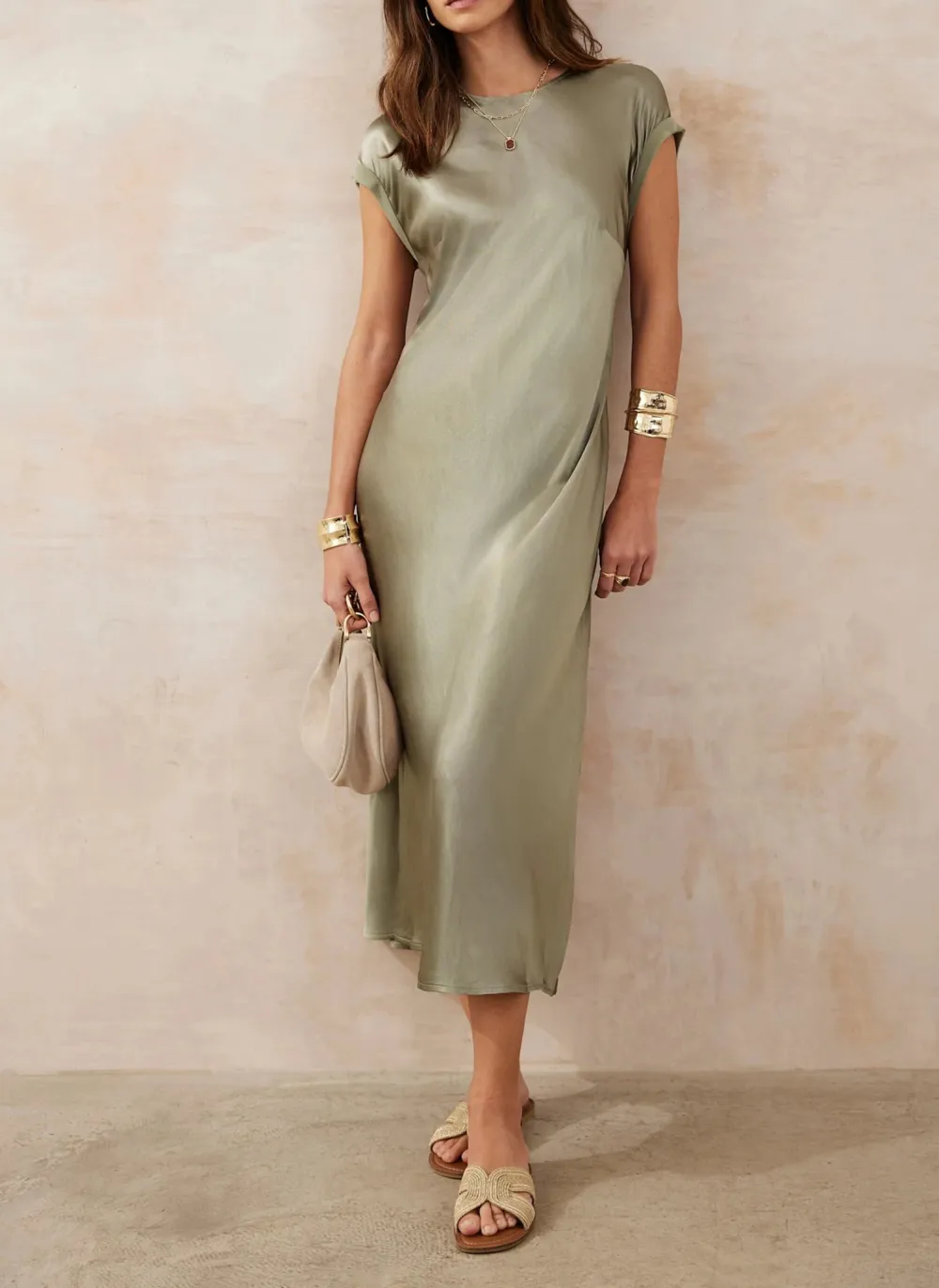 Casual Style Crew Neck Satin Midi Dress