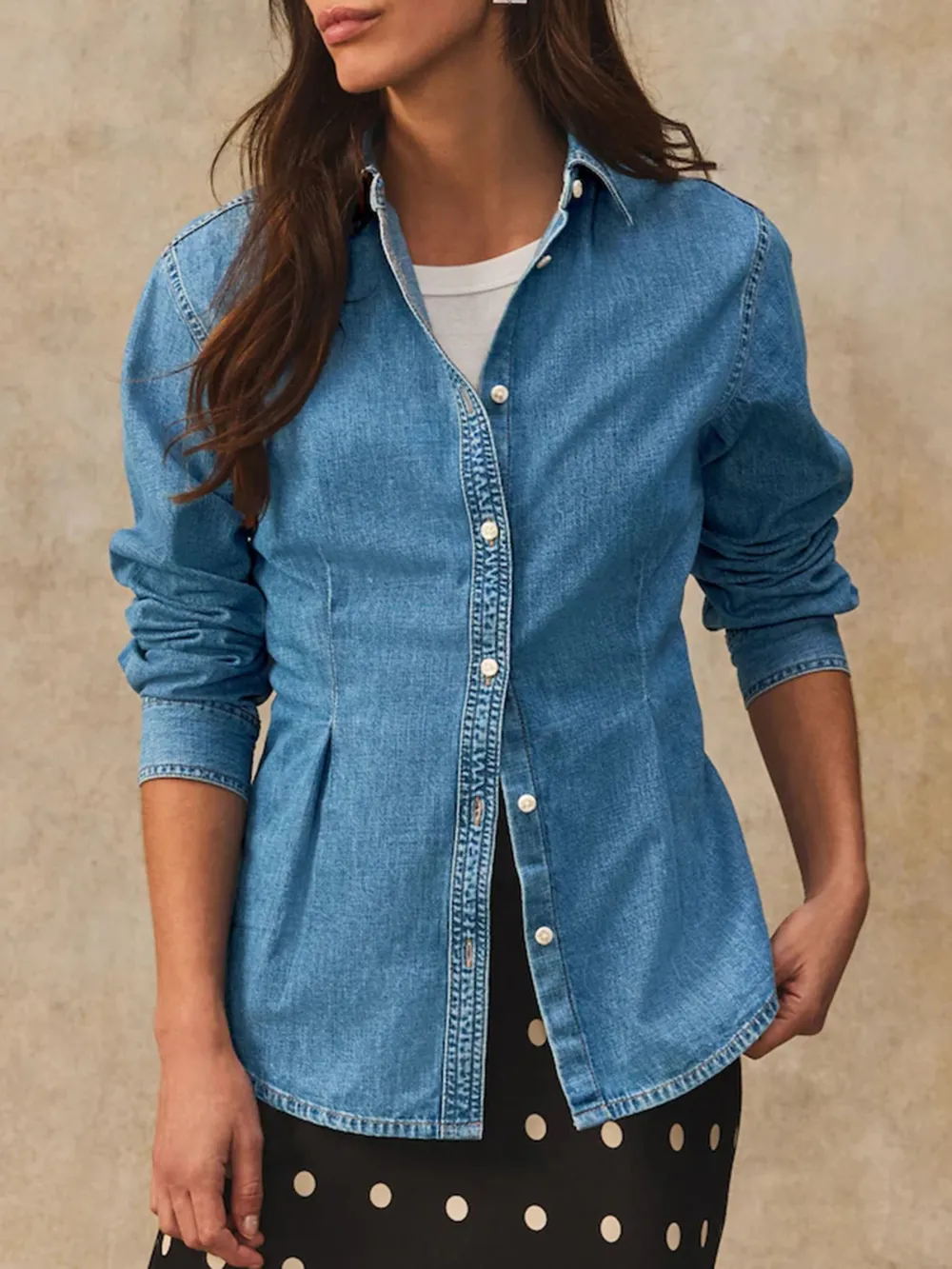 Mid-Blue Waist-Shaping Denim Shirt