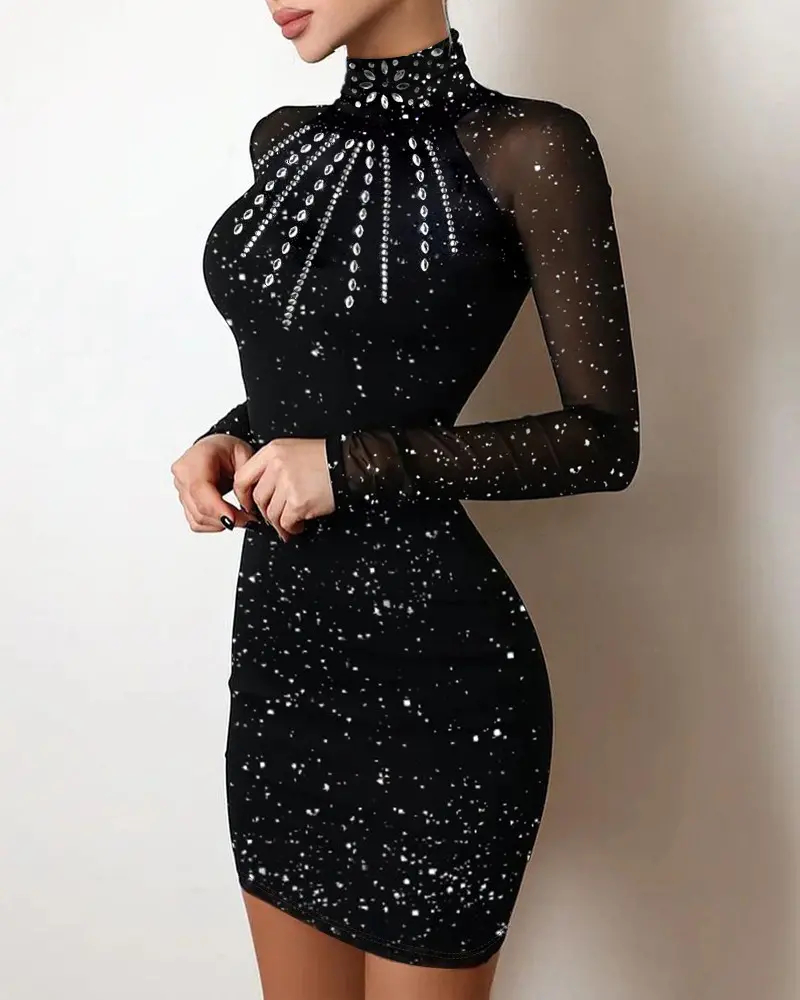 Glitter Rhinestone Sheer Mesh Patch Bodycon Dress