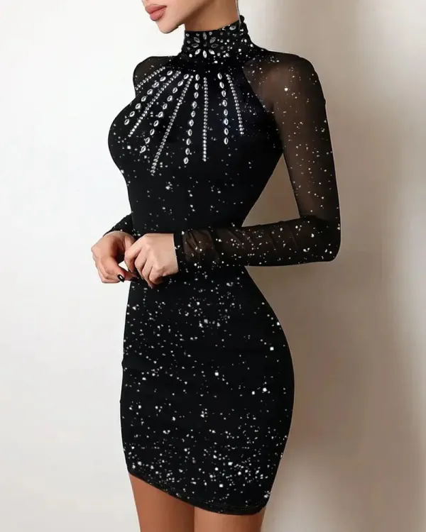Glitter Rhinestone Sheer Mesh Patch Bodycon Dress