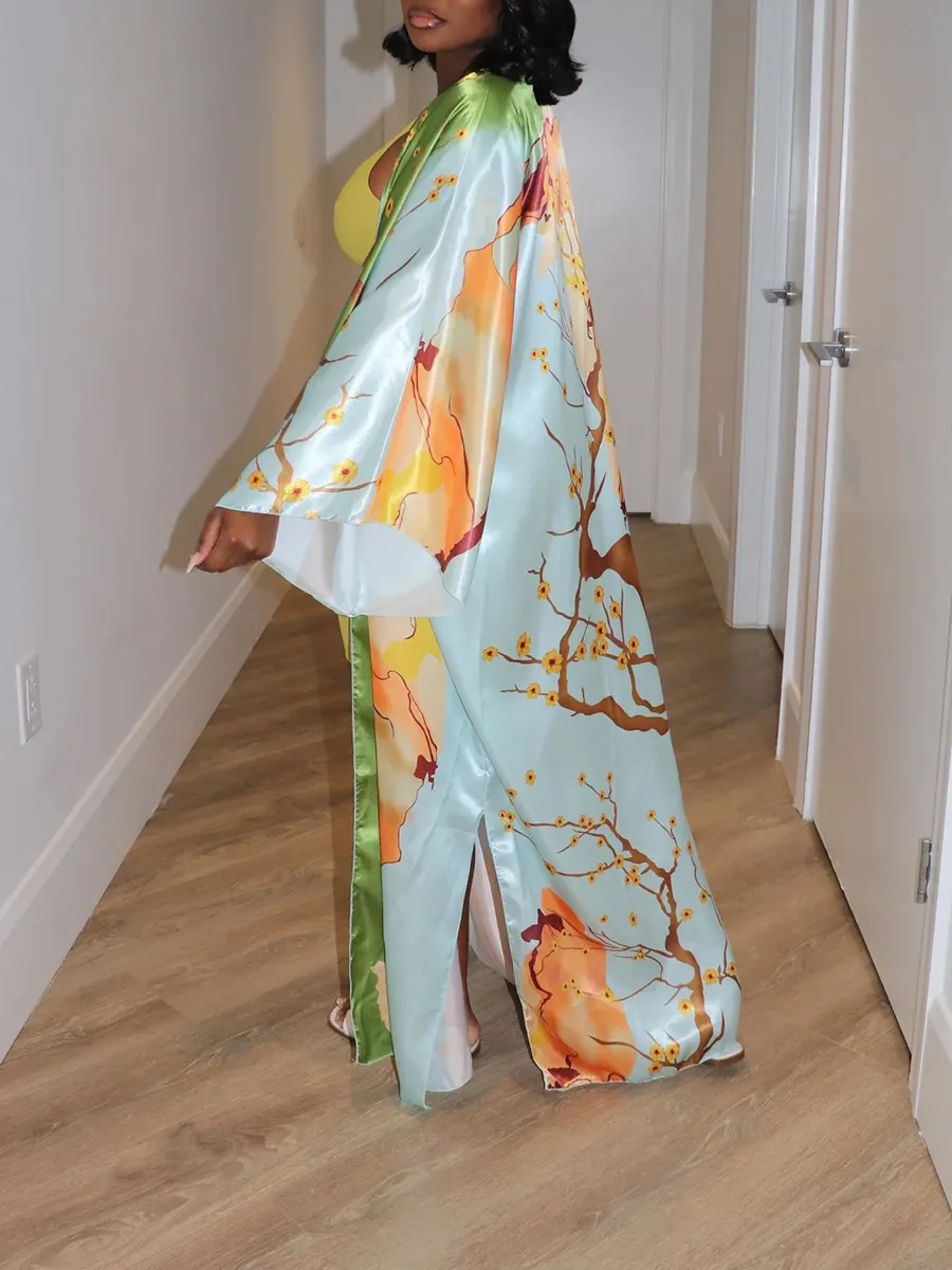 Multi Color Plant Pattern Large Silhouette Long Kimono