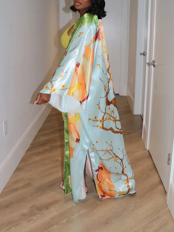 Multi Color Plant Pattern Large Silhouette Long Kimono