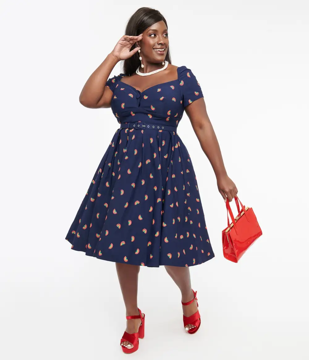 Unique Vintage Plus Size 1950s Navy & Rainbow Stamp Midge Swing Dress