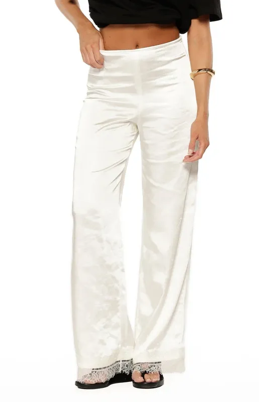 Ivory Satin Lace-Trim Straight-Leg Pants