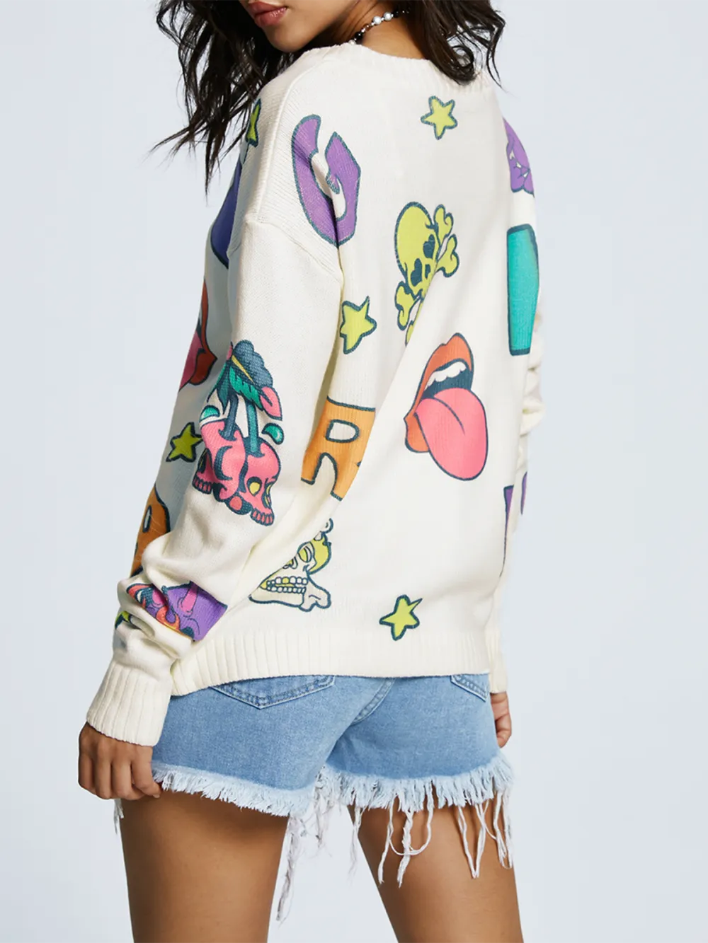Knitted Crew Neck Star Pattern Long Sleeve Cardigan