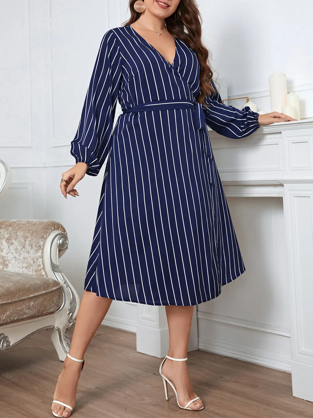 Commuter Stripe Loose V Neck Large Size Belt Women Dress