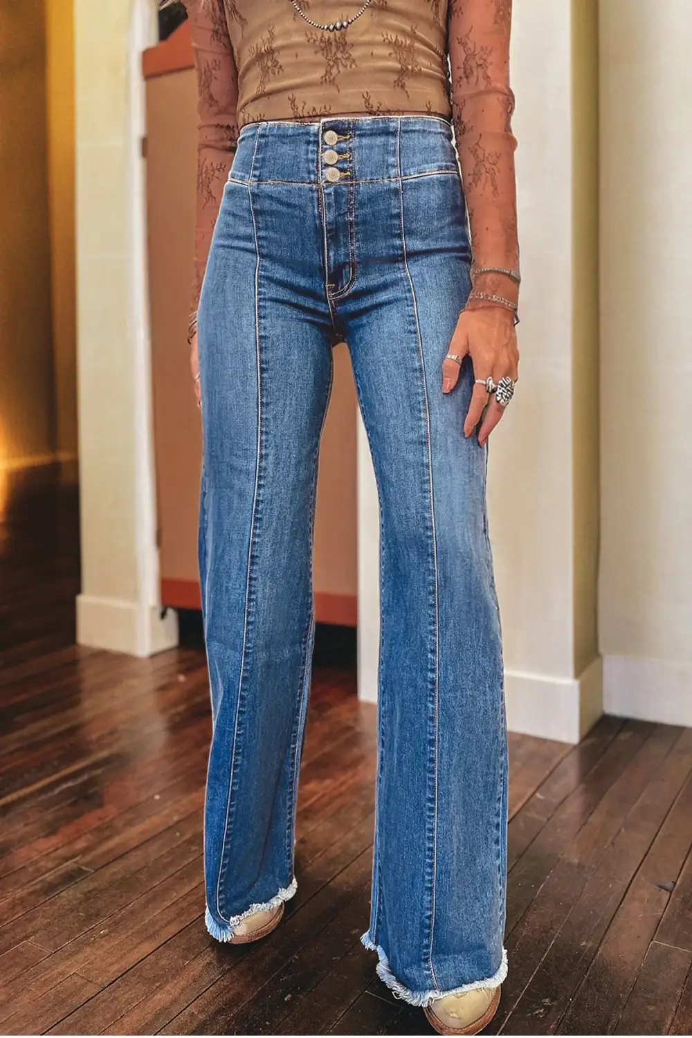 Flare High Waist Raw Hem Button Jeans