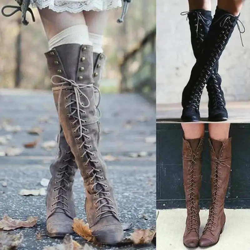 Long Studded Lace-Up Knee-High Boots