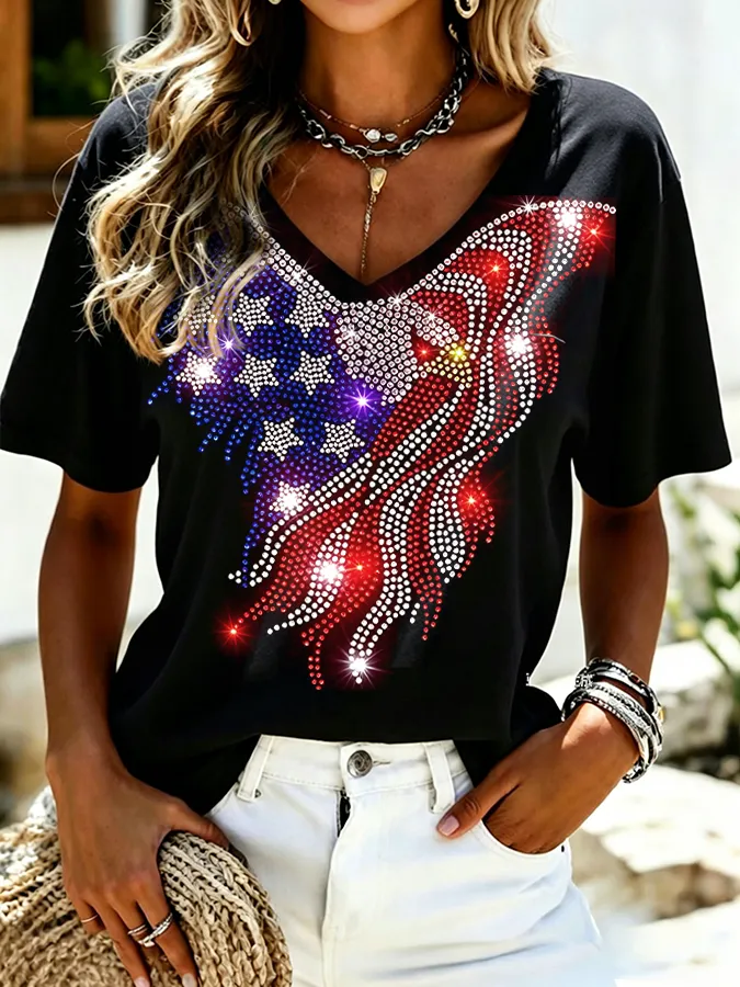 Women's casual retro patriotic V-neck T-shirt