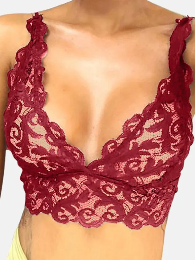 Sexy Plain All Season V neck Polyester Daily Lace Bra Wirefree Bra for Women