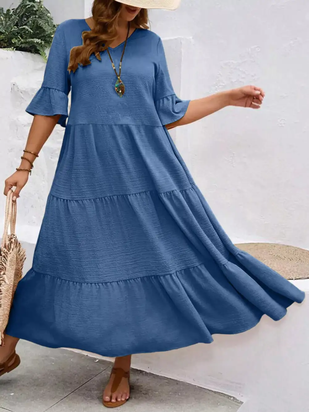 Plus Size Ruffle Sleeves Tiered Midi Dress