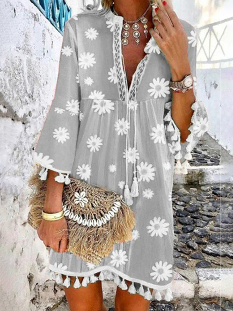 Elegant patchwork floral tassel V-neck A-line dress