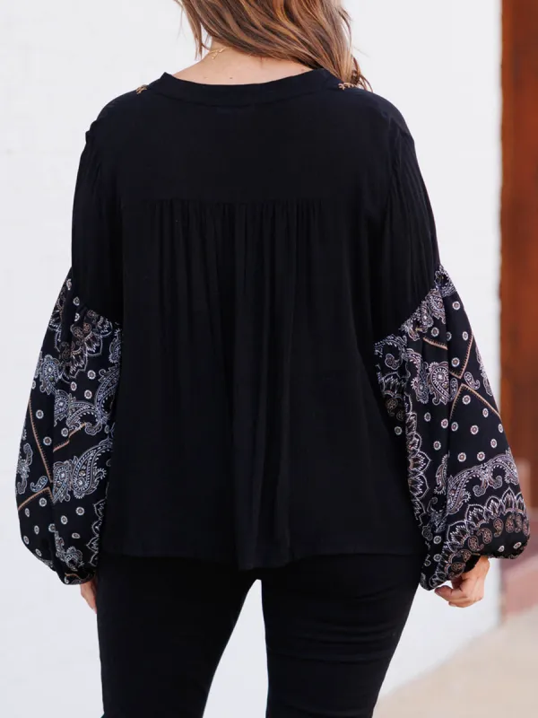 Embroidered Lace Up Lantern Sleeve Shirt With Patchwork Cashew Pattern