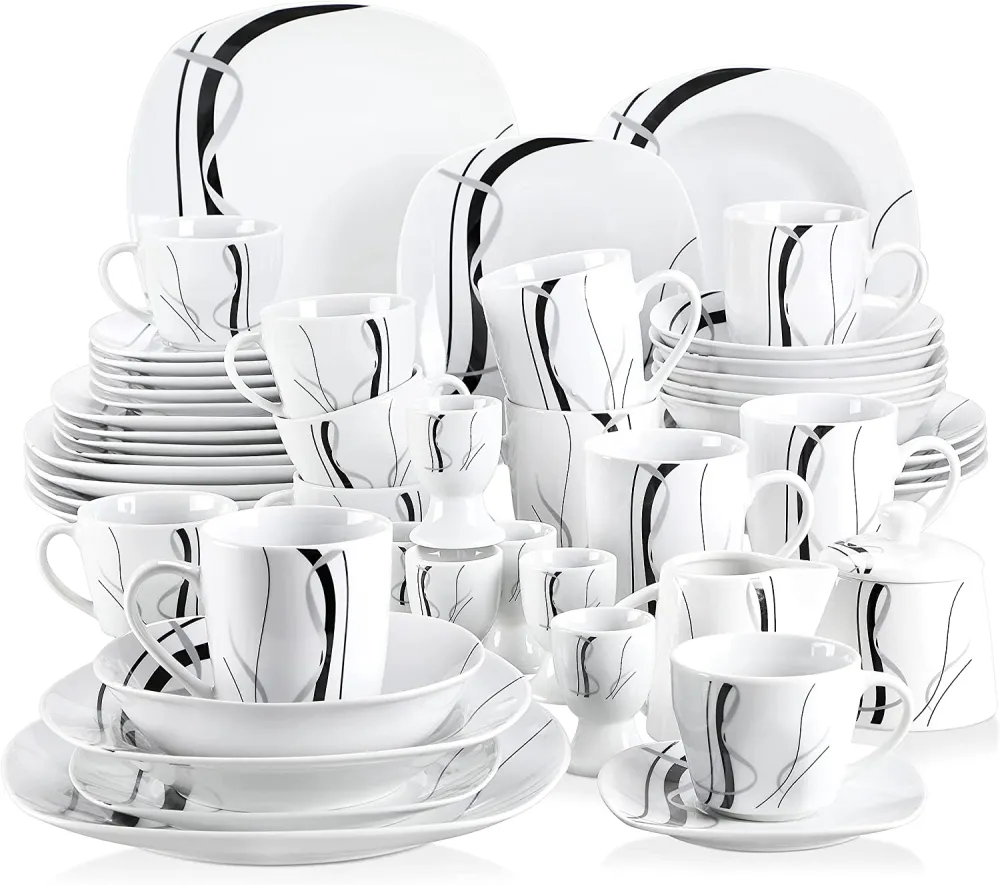 VEWEET, Series Fiona, 100-Piece Plates and Bowls Sets for 12, Including Porcelain Dishes Sets, Bowls, Mugs, Egg Cups, Cup and Saucer Set, Milk Jug and Sugar Pot Set, Microwave and Dishwasher Safe