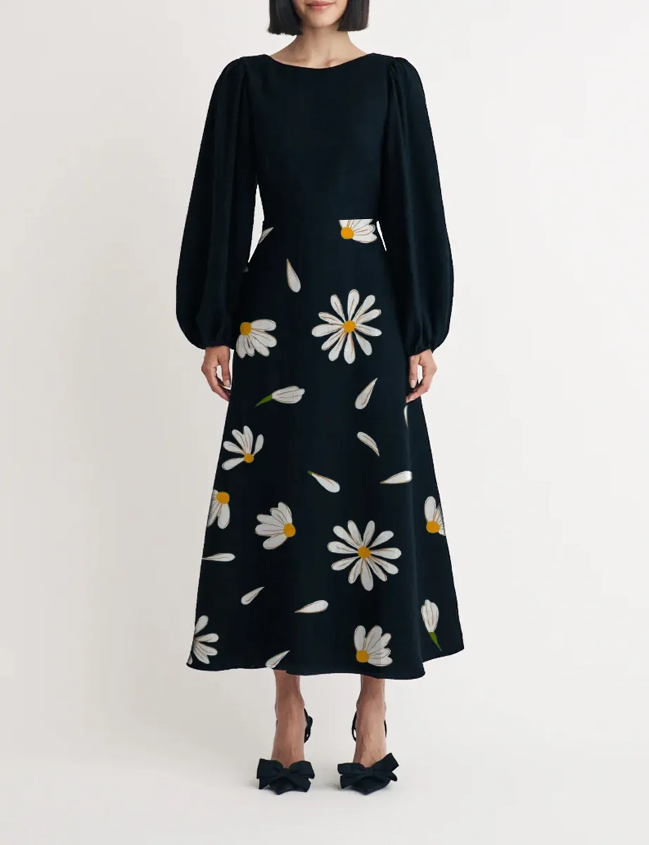 Black Puff Sleeve Zora Midi Dress