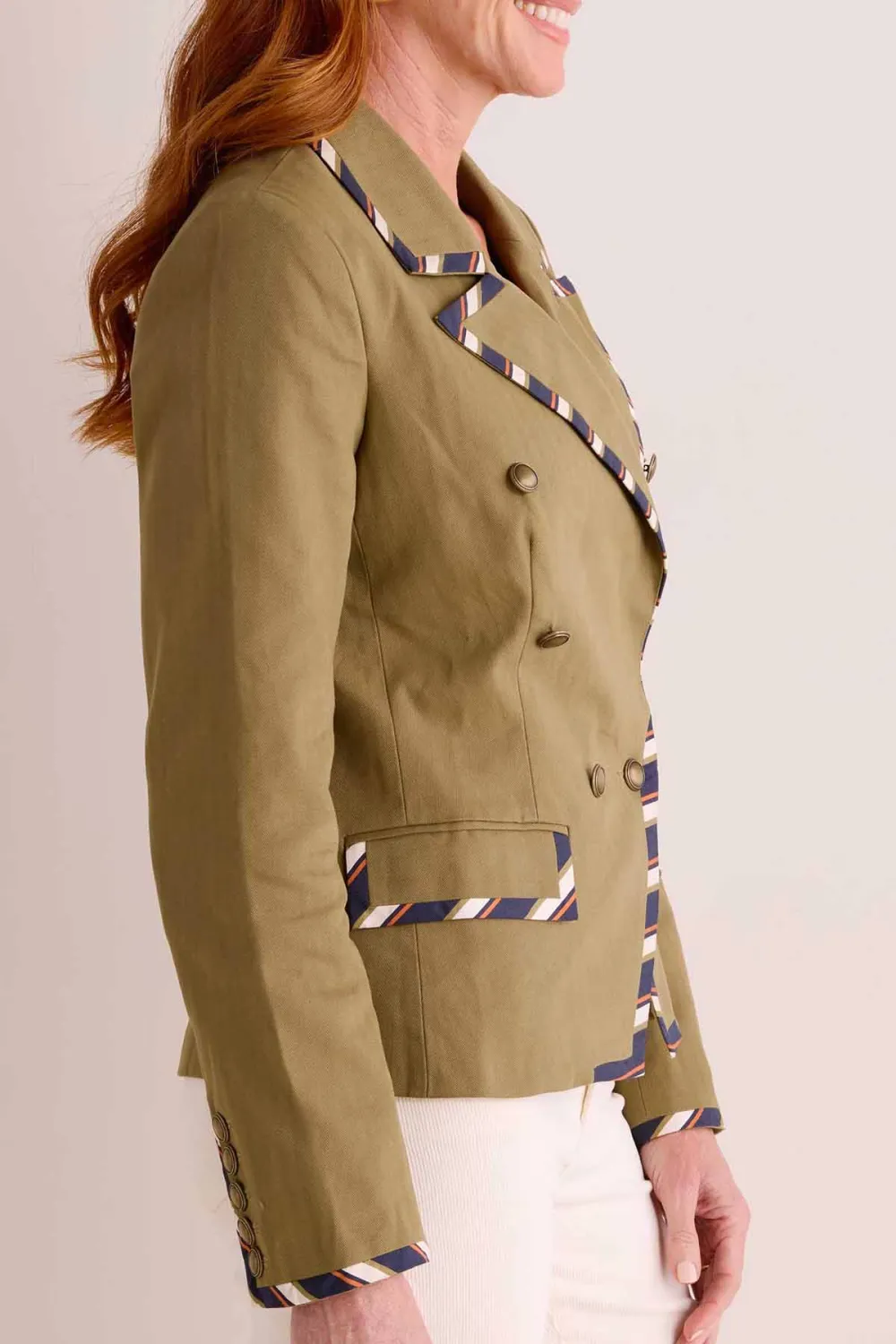 Olive Green Striped Detail Double Breasted Jacket