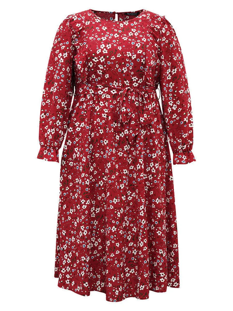 Red Elegant Advanced Floral Waist Midi Dress