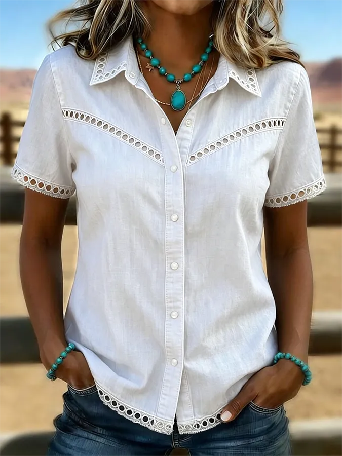 Women's Western Style Retro Solid Color Casual Hollow Denim Shirt