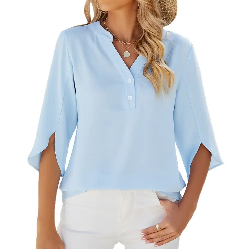 Button V-Neck Chiffon Blouse