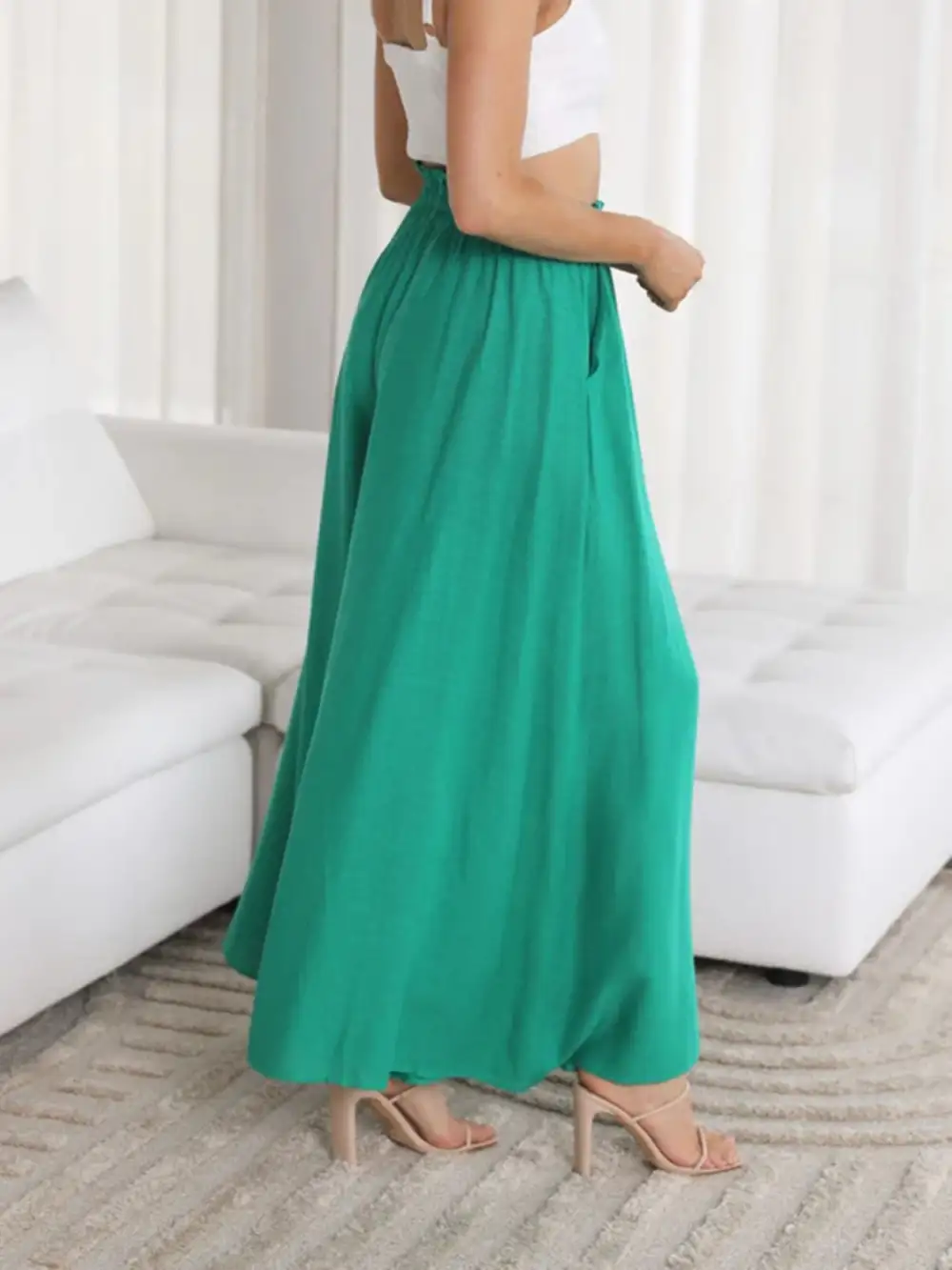 Textured Wide Leg Pants With Pocket