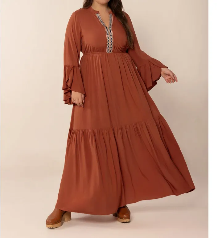 Plus Size Ruffled Notched Long Sleeve Midi Dress