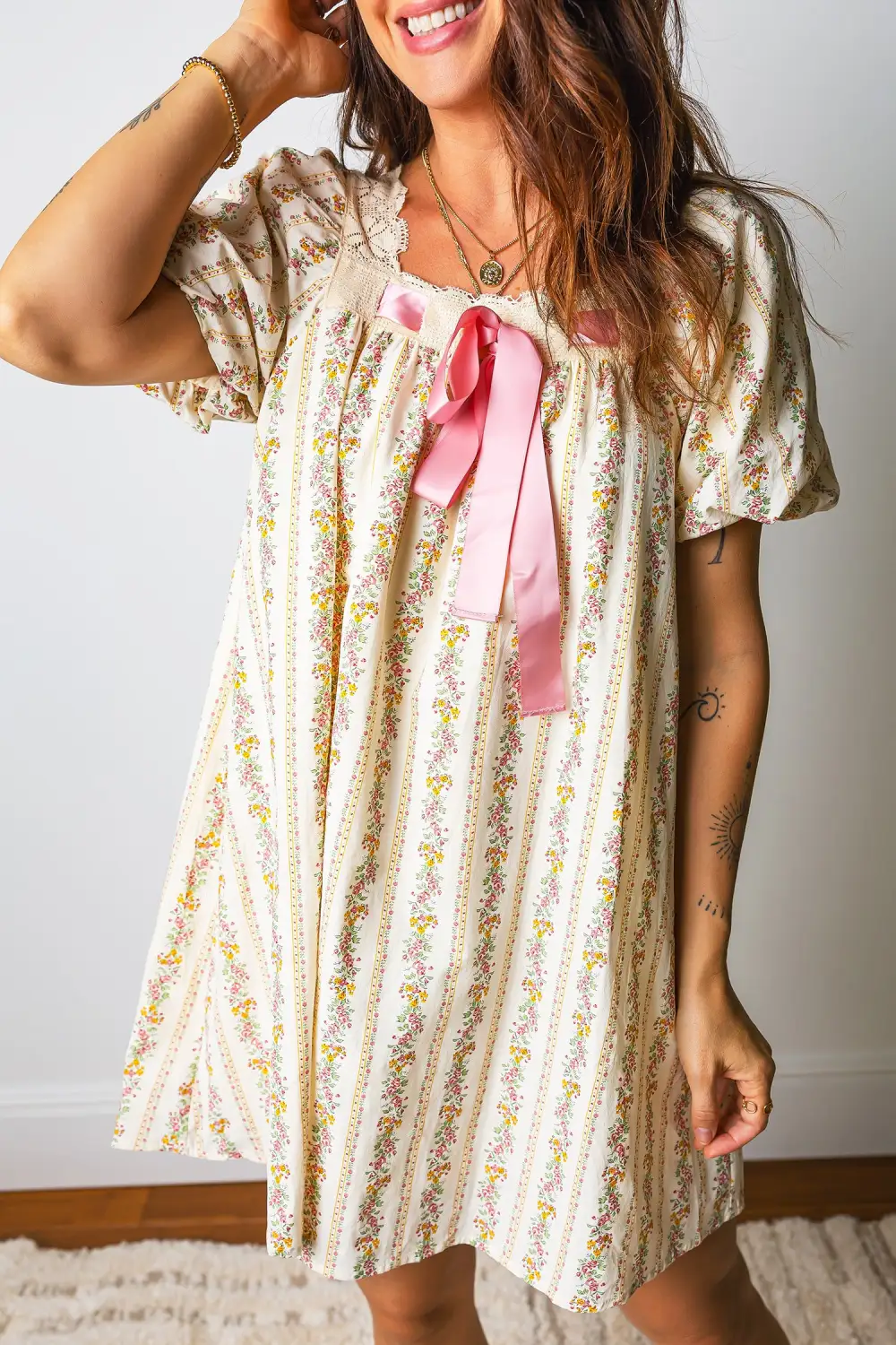 Gathered Detail Floral Printed Ribbed Mini Dress