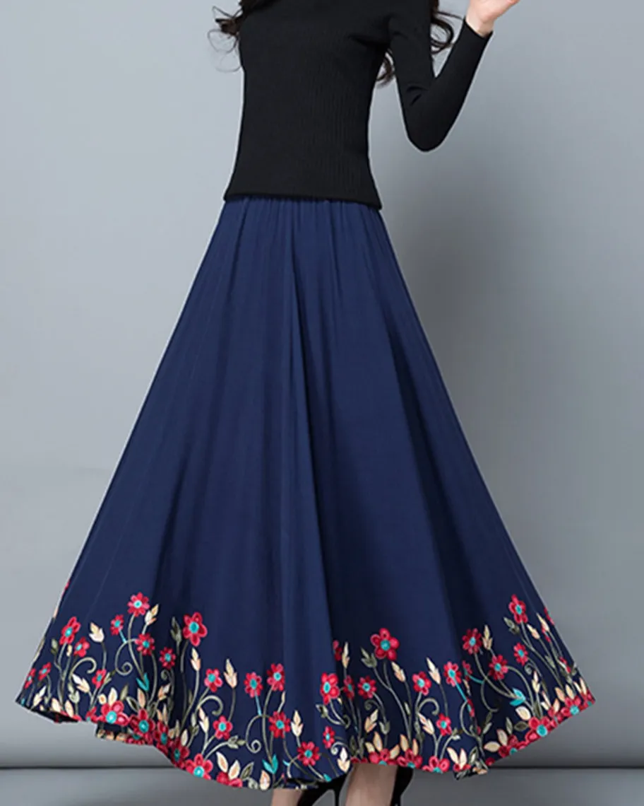 Relaxed Embroidered Cotton A Line Maxi Skirt