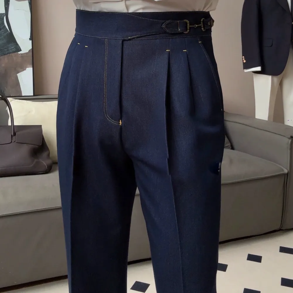 Double Pleat Denim Trousers