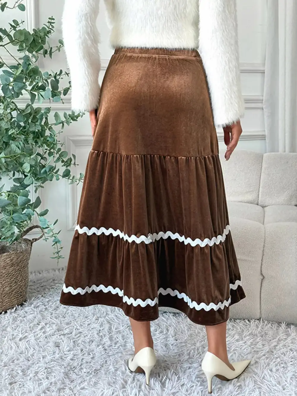 Tiered Velvet Midi Skirt