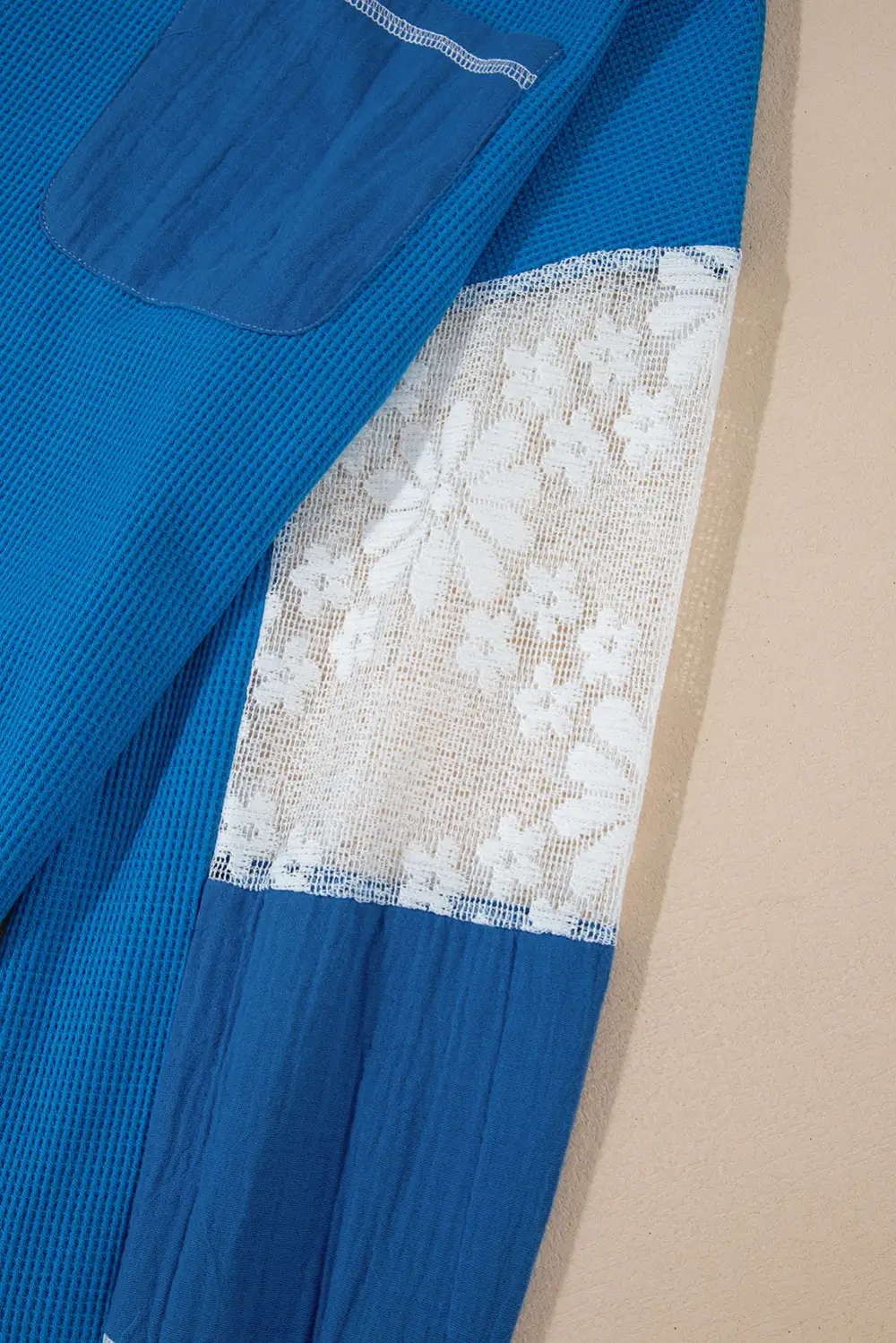 Floral Lace Trim Waffle Knit Blouse