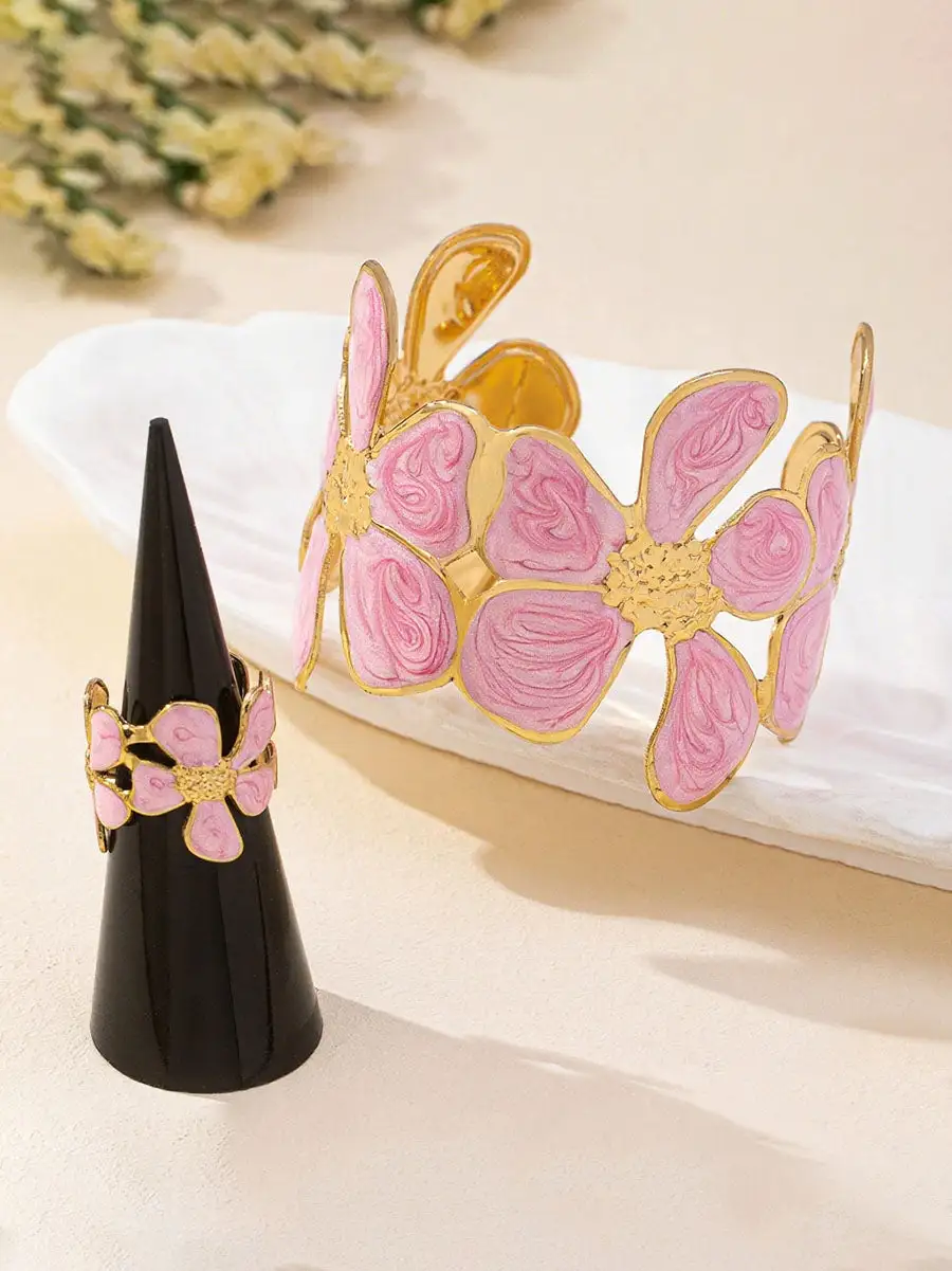 Floral Bracelet And Alloy Bracelet And Ring Set