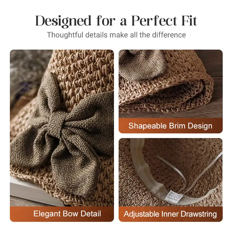 Women's Foldable Wide-Brim Straw Sun Hat – Hand-Knitted Cotton-Linen Blend with Bow Detail (Summer Style)