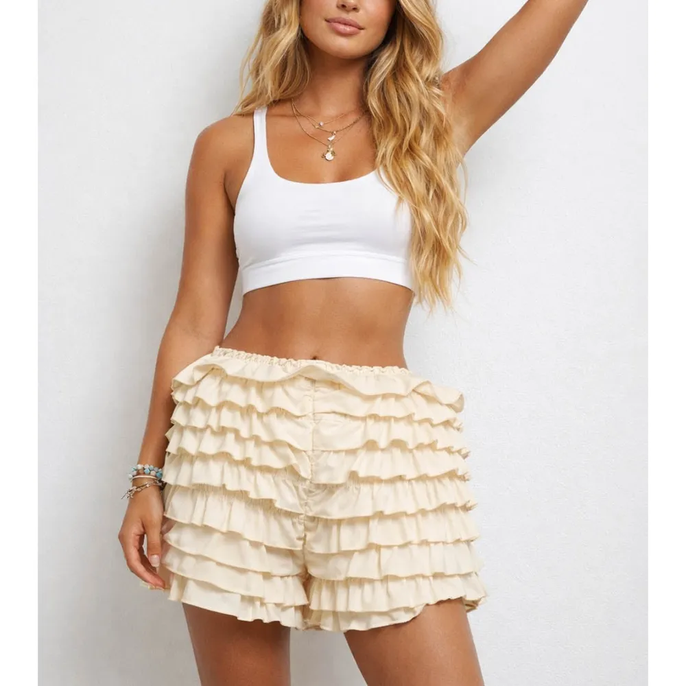 Tiered Ruffle Solid Color Elastic Waist Mini Shorts