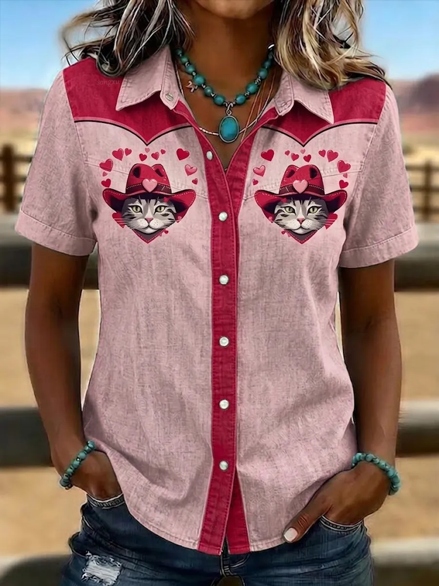Women'S Retro Western-Style Print Short-Sleeved Shirt