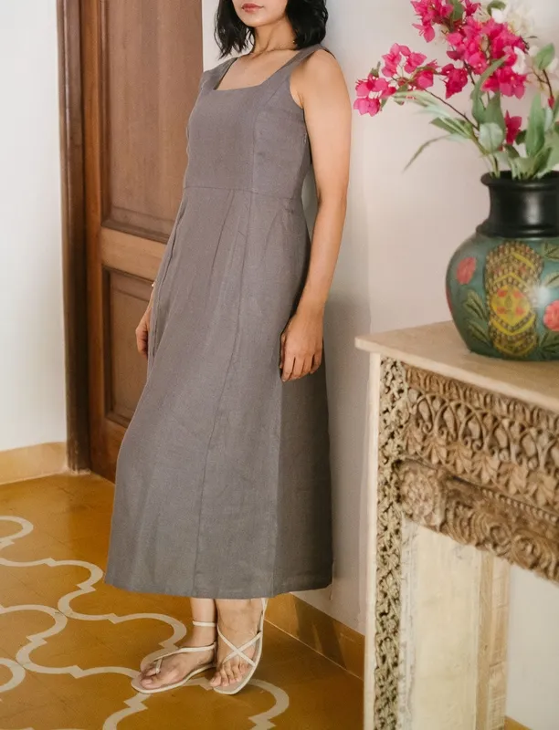 Slate Gray Linen Square-Neck Midi Dress