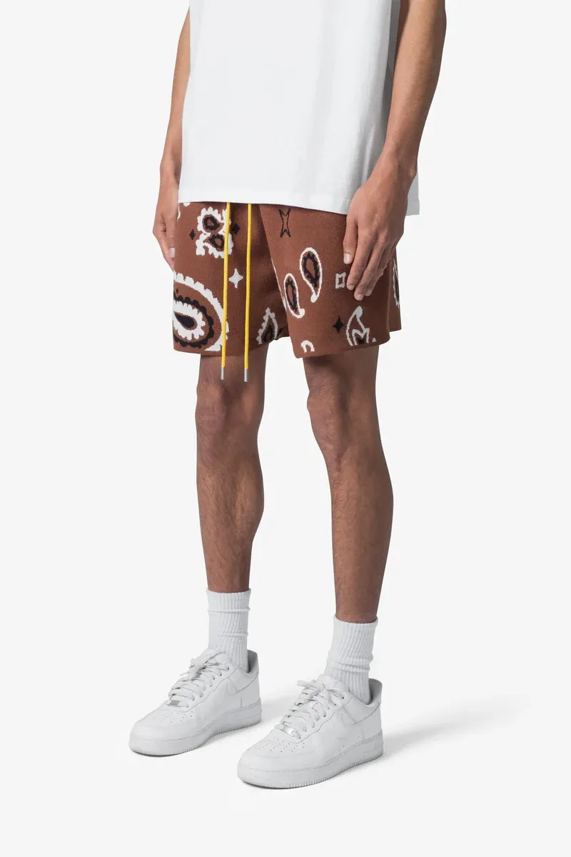 BROWN BANDANA PRINTED ELASTIC WAIST SHORTS