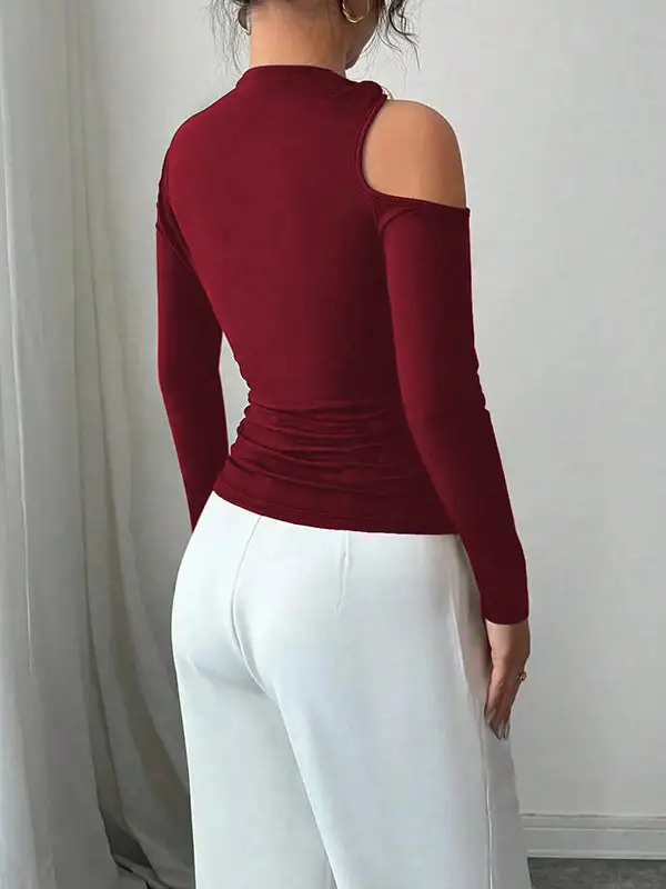 Long Sleeve Slim Fit Asymmetric Neckline T-Shirt