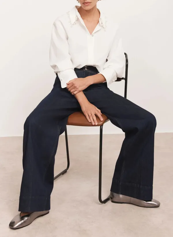 Casual Style Cotton Blend Pearl Collar Shirt