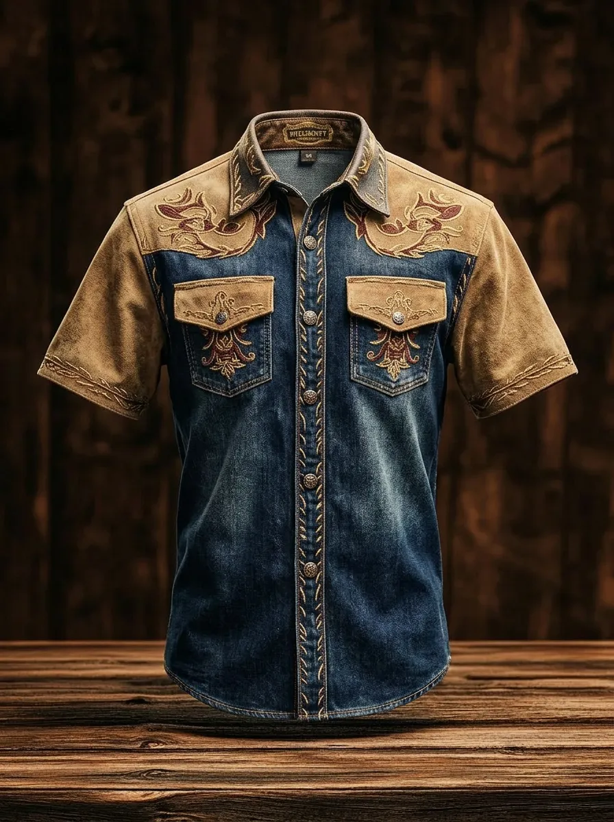 Men's Western Cowboy Floral Embroidery Suede Denim Printed Shirt