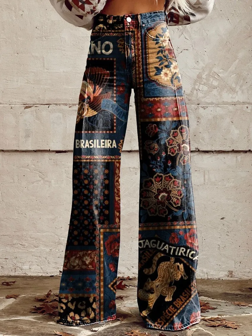 Women's Vintage Print Casual Wide Leg Pants