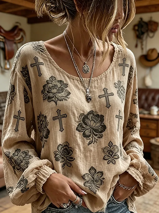 Women's Cross Floral Print Western Long Sleeve Blouse