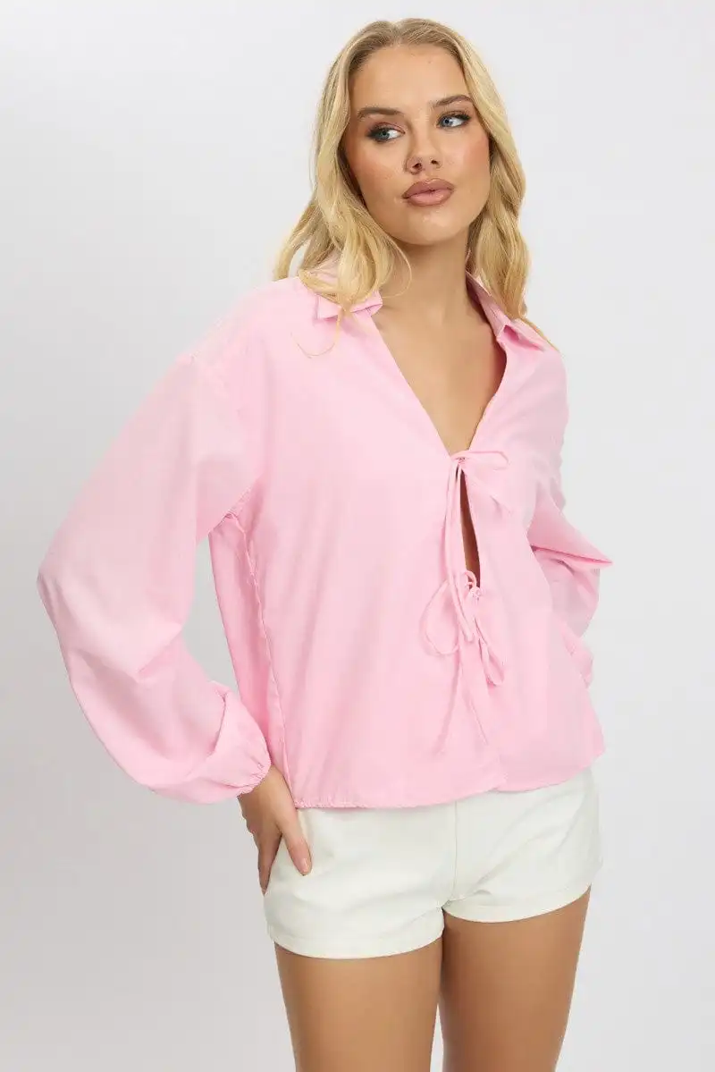 Pink Tie  Up Front Top Long Sleeve