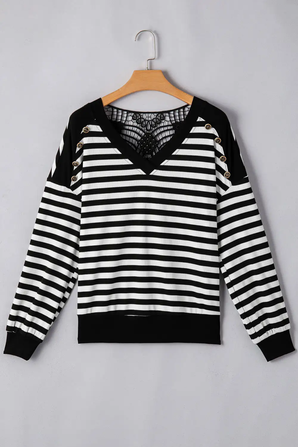 Black Stripe Crochet Hollow-Out Back Buttoned Shoulder V Neck Top