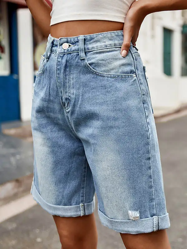 Hoog Getailleerde Losse Zakken Met Knopen Jeansbroeken Shorts