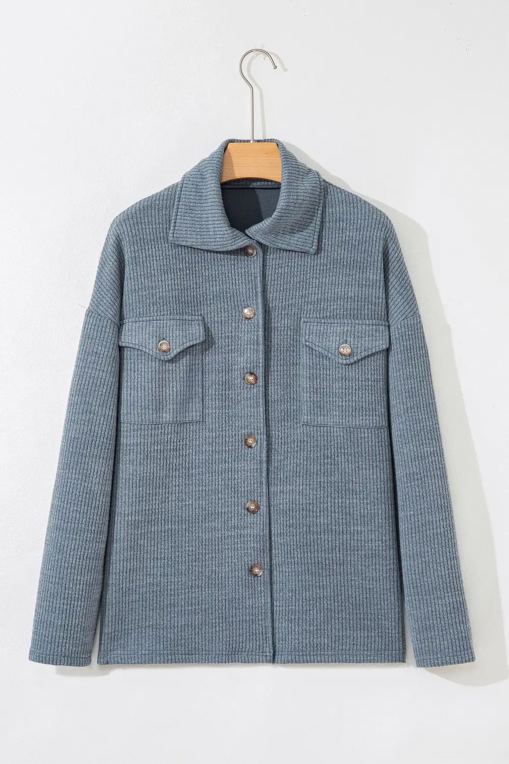 Medium Ribbed Knit Buttons Front Flap Pocket Casual Shirt Jacket