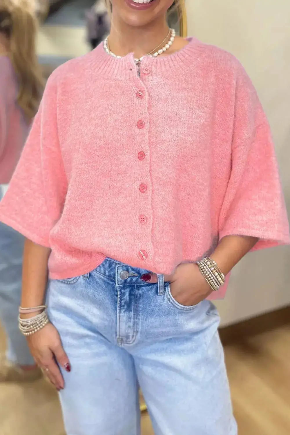 Blossom Sleeve Boxy Knit Button Down Sweater Cardigan