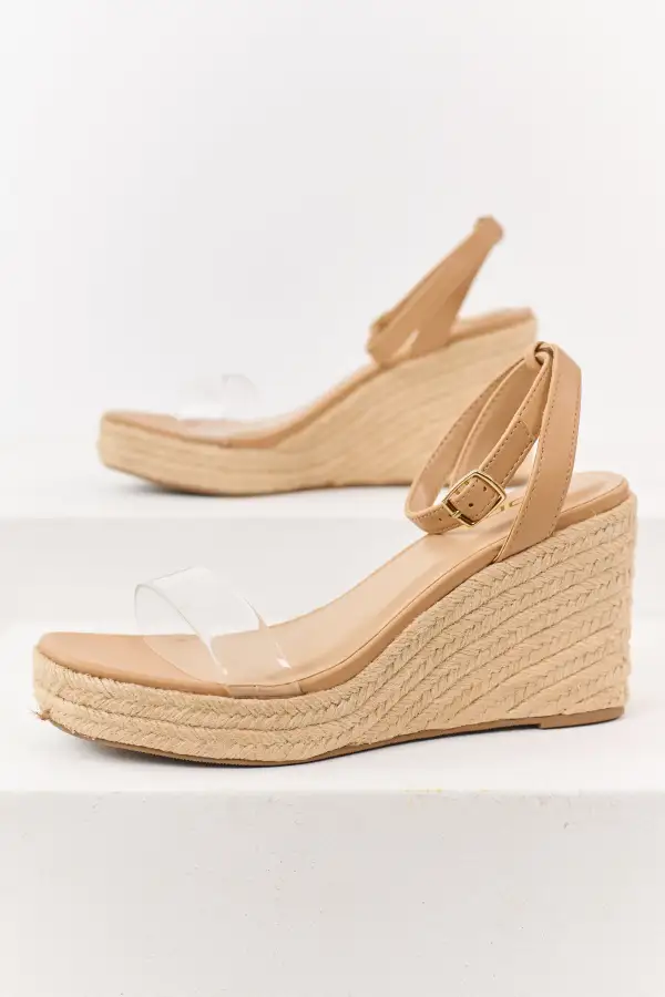 Faux Leather Strap Espadrille Wedges