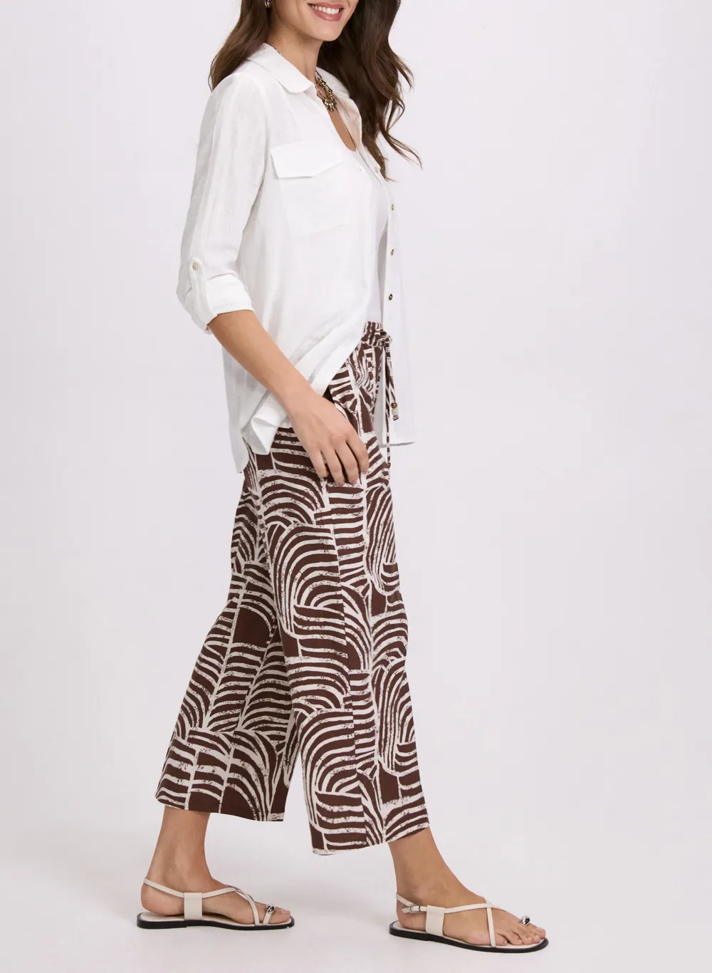 Printed Linen Wide-Leg Pants
